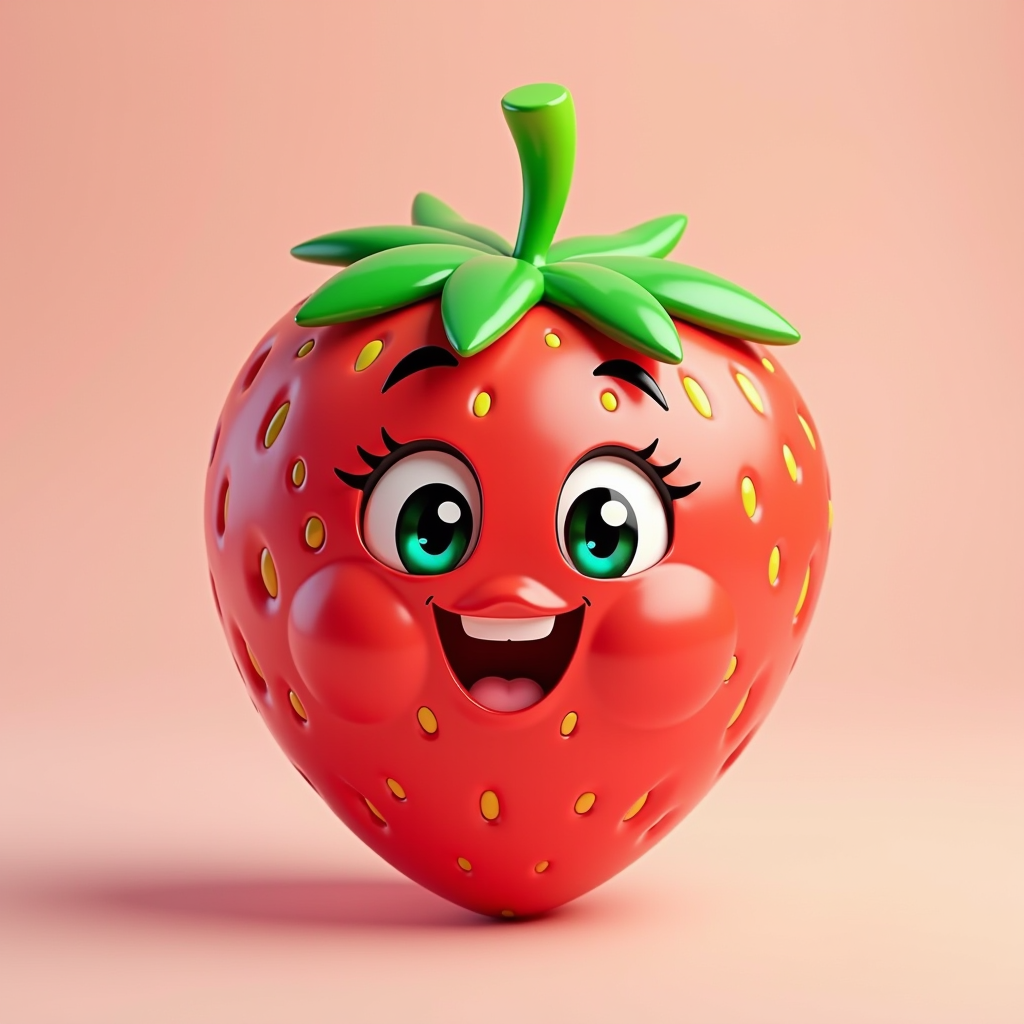 Cartoonfruits logo - colorful cartoon strawberry with happy smiling face, bright pink and red colors, playful character design for family friendly fruit game