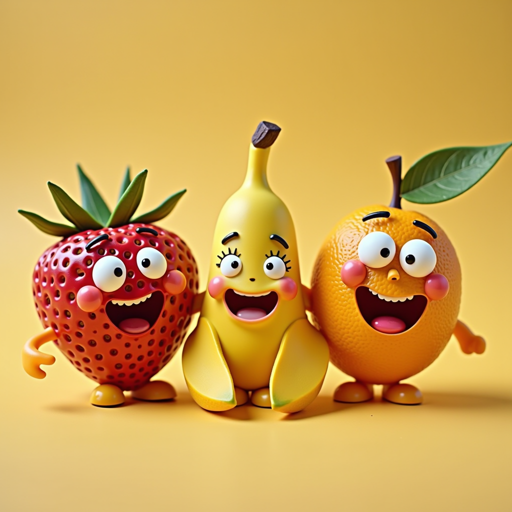 Colorful animated fruit characters with big smiling faces, including a cheerful strawberry, happy banana, and playful orange, sketched in Italian design studio with vibrant colors and personality