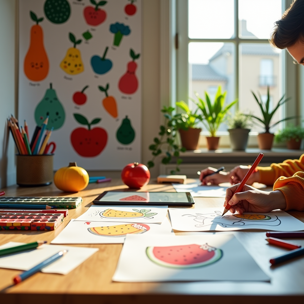 Studio di design italiano luminoso e colorato con tavolo da lavoro coperto di schizzi di personaggi frutta cartoon, matite colorate, pennarelli, tablet digitale con illustrazioni, moodboard con campioni di colore vivaci, atmosfera creativa e ispiratrice, luce naturale che entra dalle finestre