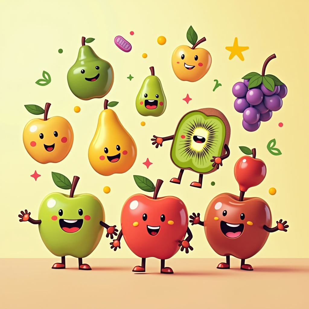 Vibrant collection of cartoon fruits displaying vitamins and minerals, including smiling apples, cheerful grapes, and happy kiwis with colorful nutritional icons and wellness symbols in playful illustration style