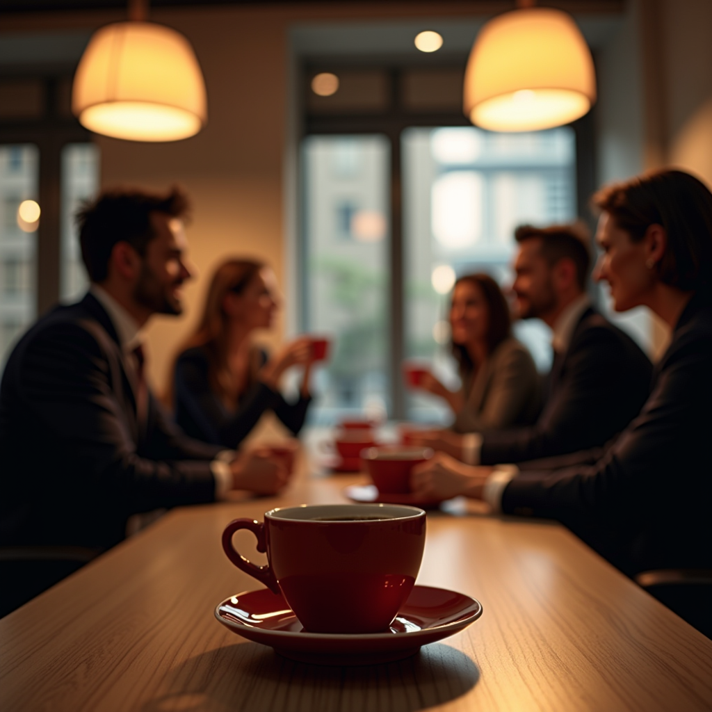 Elegant Italian office setting with employees enjoying traditional coffee break together, modern workspace with espresso cups, warm lighting highlighting the social aspect of pausa caffè culture