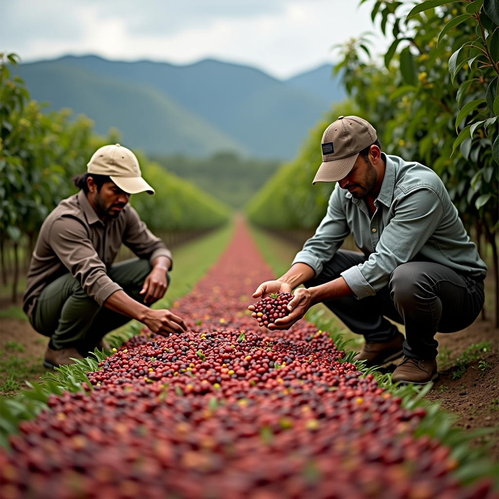Coffee farmers carefully harvesting ripe coffee cherries in a sustainable plantation with rows of healthy coffee plants, mountains in background, ethical farming practices