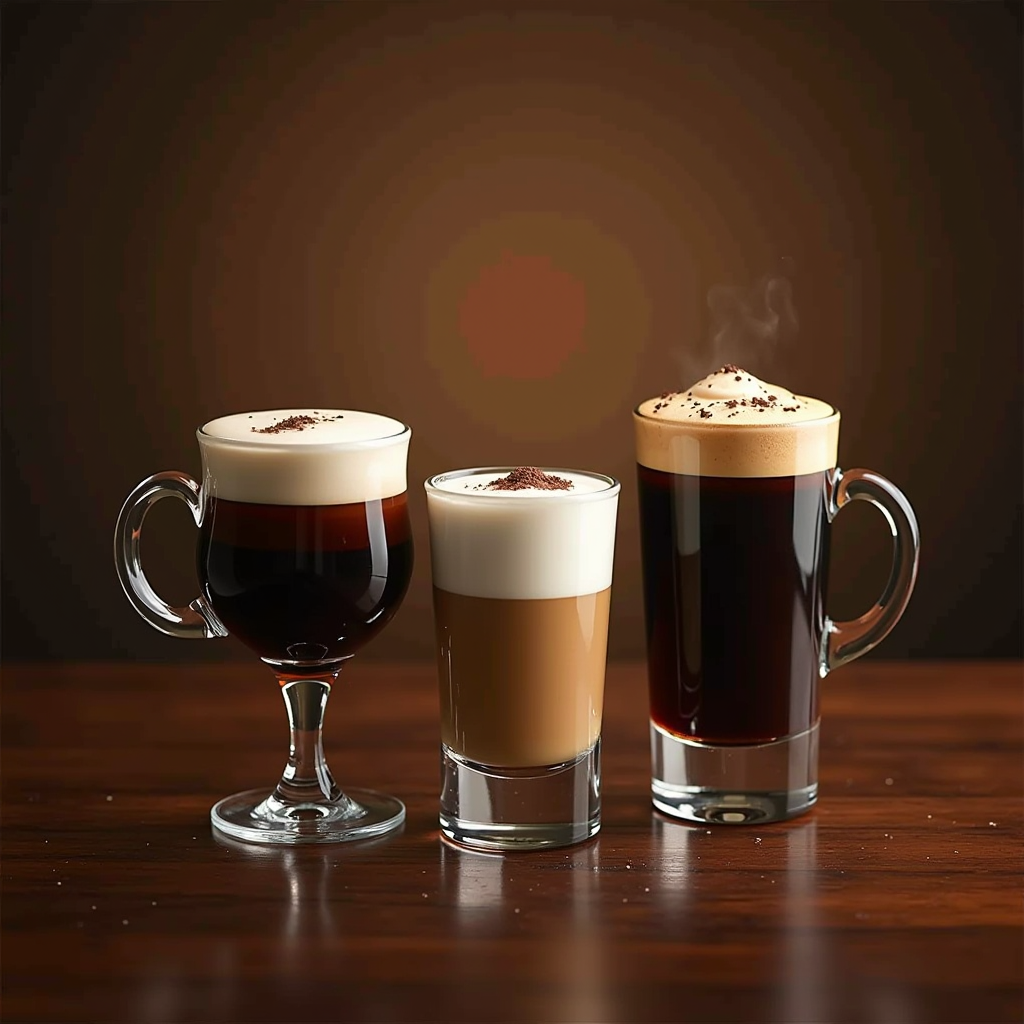 Variety of Italian coffee preparations including shakerato and marocchino, elegant glassware showcasing different regional coffee specialties, artistic presentation with Italian cafe atmosphere
